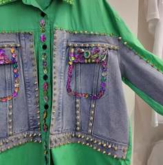 DIY Green Peter Pan Collar False Two Pieces Patchwork Denim Tops Long Sleeve