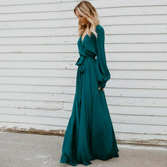 Women Casual Long Sleeve V Neck Slit hem Maxi Dress Belted Solid Color Ladies Elegant Long Dress Sai Feel