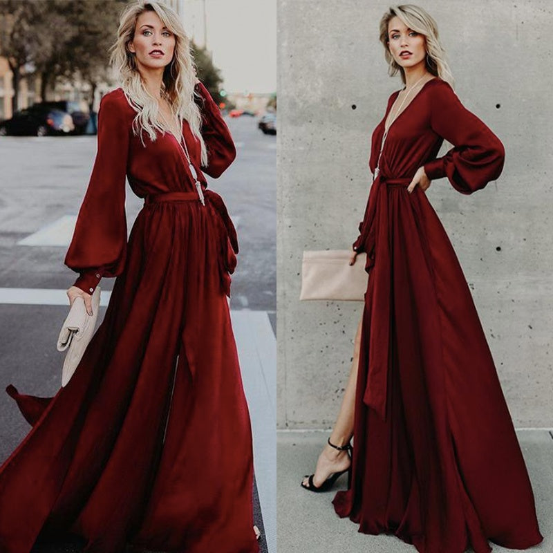 Women Casual Long Sleeve V Neck Slit hem Maxi Dress Belted Solid Color Ladies Elegant Long Dress Sai Feel