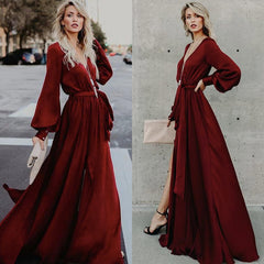Women Casual Long Sleeve V Neck Slit hem Maxi Dress Belted Solid Color Ladies Elegant Long Dress Sai Feel