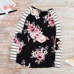 Women Floral Striped Elbow Patch Baseball Long Crew Neck Sleeve Top sweatershirt Sai Feel