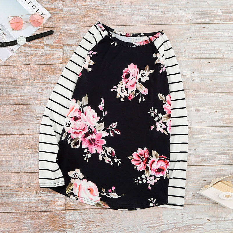 Women Floral Striped Elbow Patch Baseball Long Crew Neck Sleeve Top sweatershirt