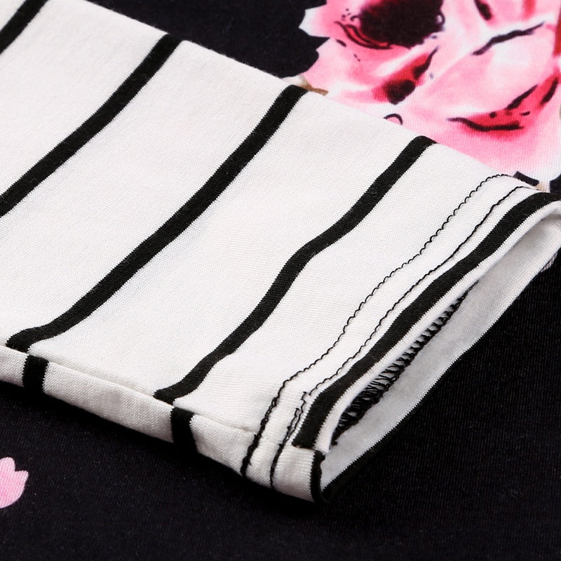 Women Floral Striped Elbow Patch Baseball Long Crew Neck Sleeve Top sweatershirt Sai Feel