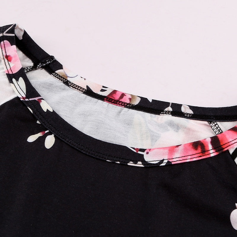 Women Floral Striped Elbow Patch Baseball Long Crew Neck Sleeve Top sweatershirt Sai Feel