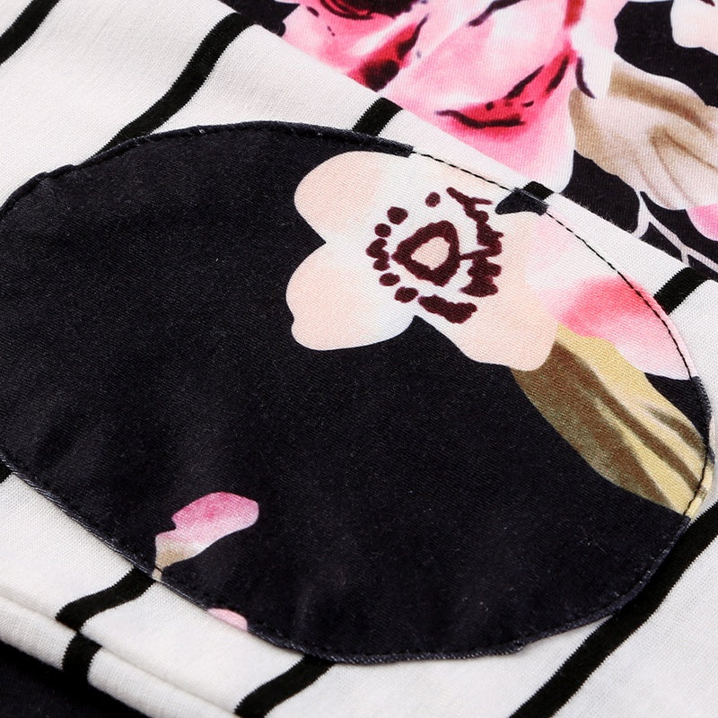 Women Floral Striped Elbow Patch Baseball Long Crew Neck Sleeve Top sweatershirt