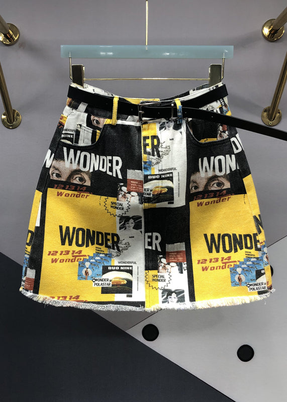 Yellow Street Graphic Pockets Patchwork Denim Skirt