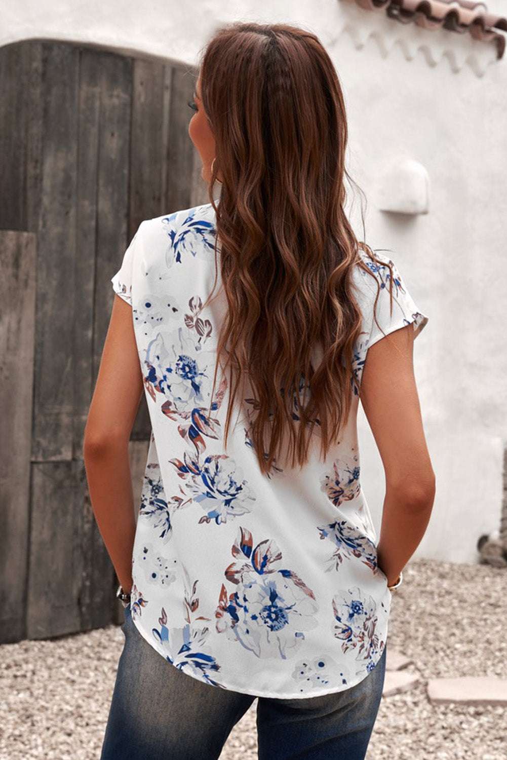 Women's Casual Deep V Neck Tops Floral Lace Pattern Tees Shirts Sai Feel