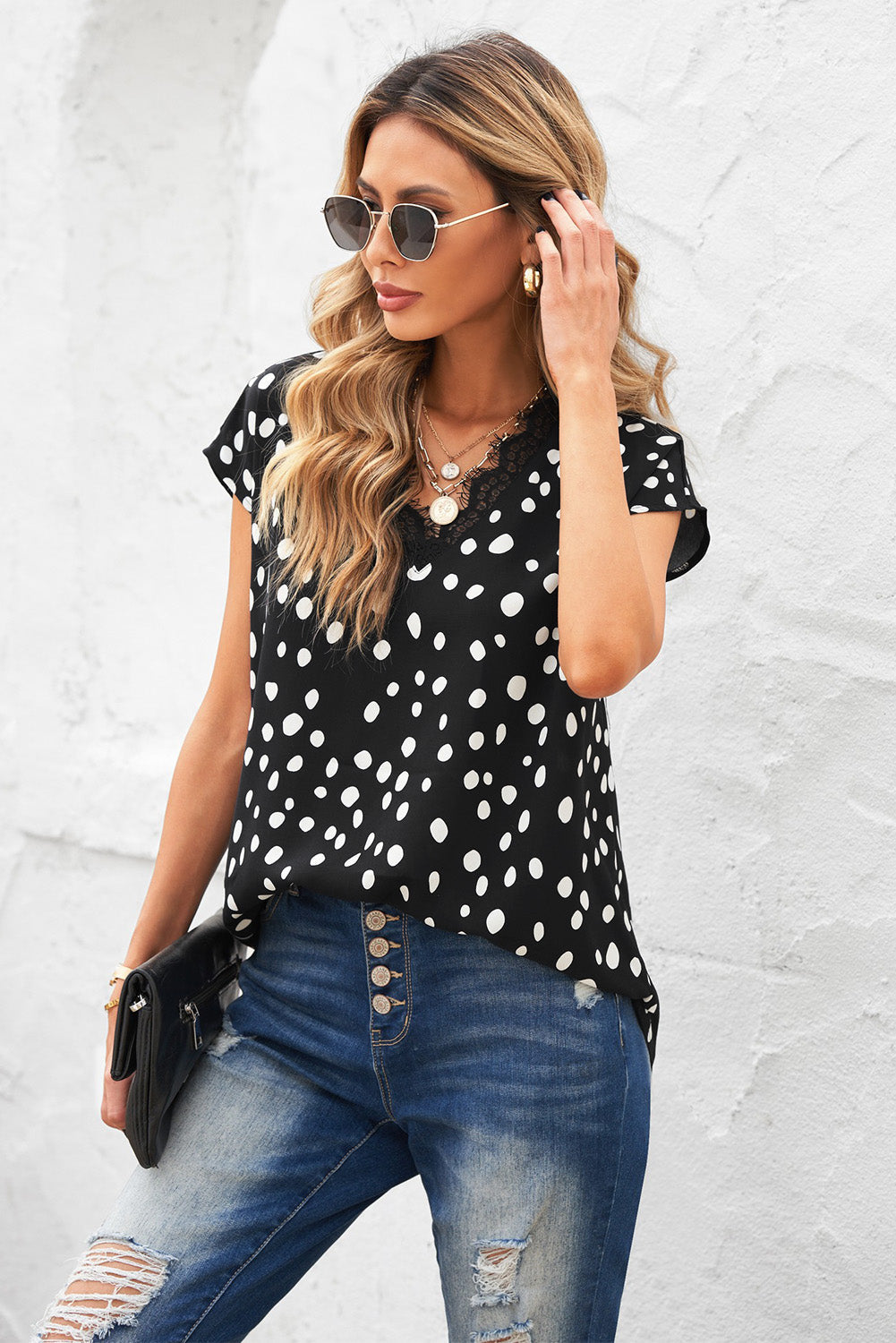 Women's Casual Deep V Neck Tops Floral Lace Pattern Tees Shirts Sai Feel