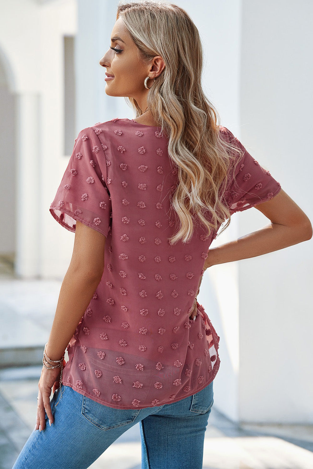 Women's Casual Summer Crew Neck Tops Swiss Dot Solid Color Blouses Loose Fit Shirts Sai Feel