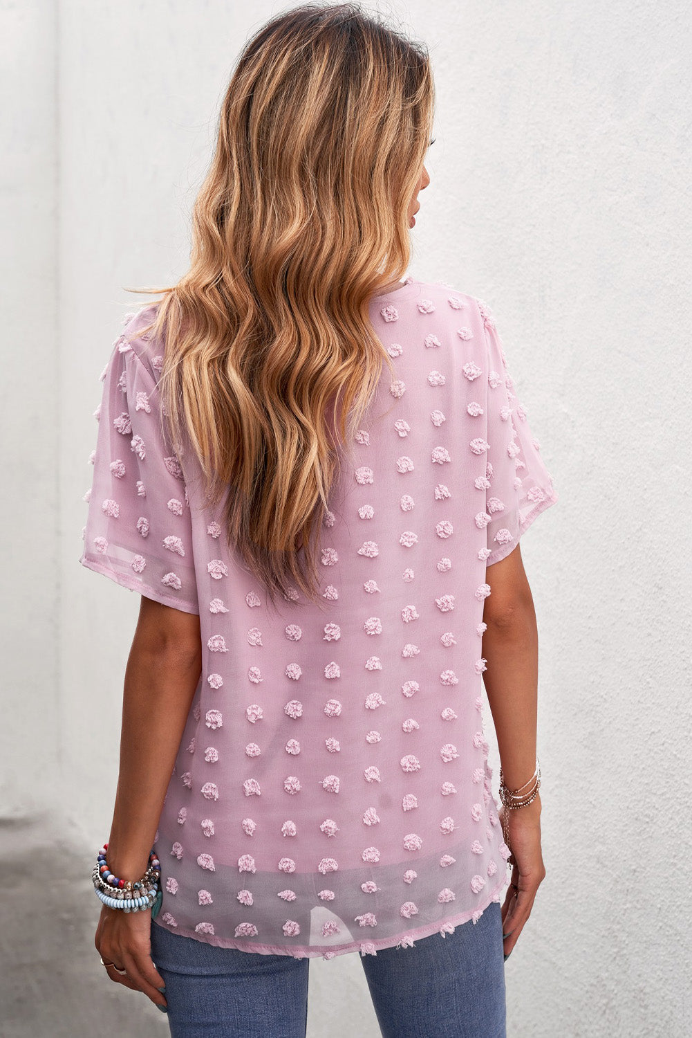 Women's Casual Summer Crew Neck Tops Swiss Dot Solid Color Blouses Loose Fit Shirts Sai Feel