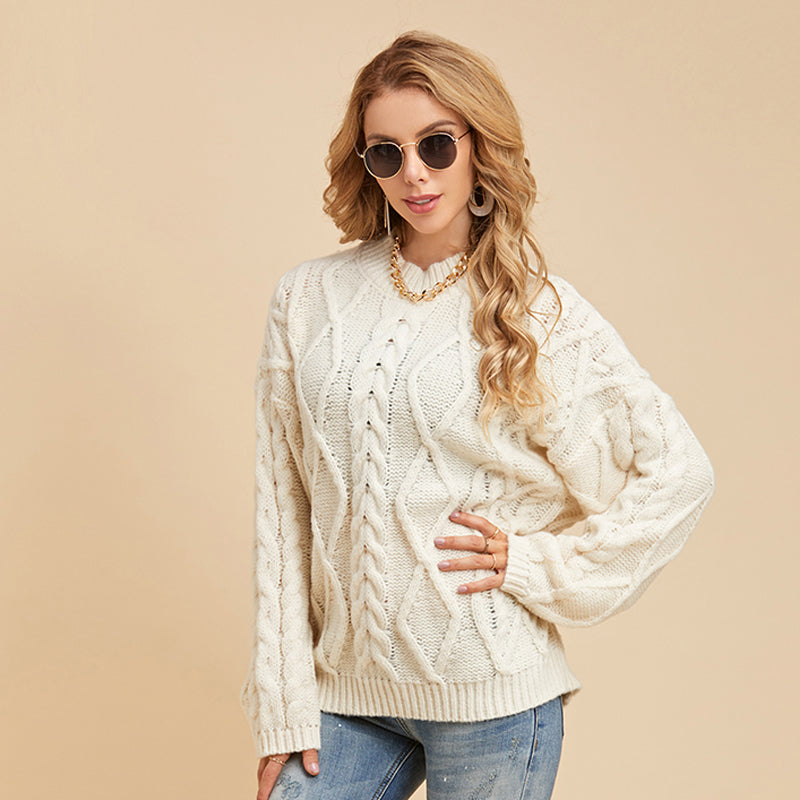 Women's Drop Shoulder Long-sleeved Cable Knit Sweater Loose Half High Neck Pullover Sweater Sai Feel