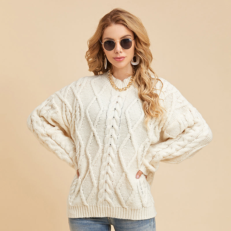 Women's Drop Shoulder Long-sleeved Cable Knit Sweater Loose Half High Neck Pullover Sweater Sai Feel