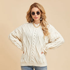 Women's Drop Shoulder Long-sleeved Cable Knit Sweater Loose Half High Neck Pullover Sweater Sai Feel