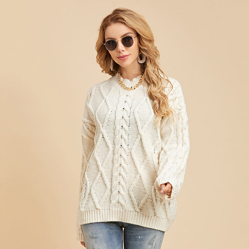 Women's Drop Shoulder Long-sleeved Cable Knit Sweater Loose Half High Neck Pullover Sweater Sai Feel