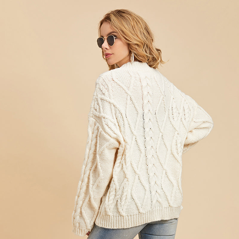 Women's Drop Shoulder Long-sleeved Cable Knit Sweater Loose Half High Neck Pullover Sweater Sai Feel