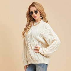 Women's Drop Shoulder Long-sleeved Cable Knit Sweater Loose Half High Neck Pullover Sweater Sai Feel