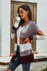 Women's Fashion Color Block Long Sleeve Pocket Cardigan Open Front Cover Up Tops Sai Feel
