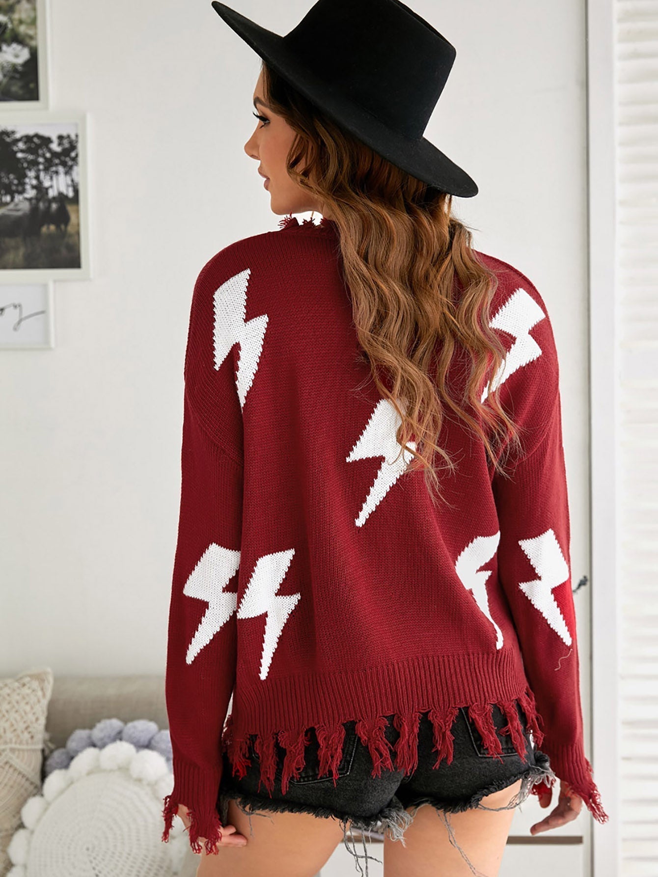 Women's Fashion Ripped Sweaters Crewneck Long Sleeve Loose Fit Printed Casual Knit Pullover Tops Sai Feel