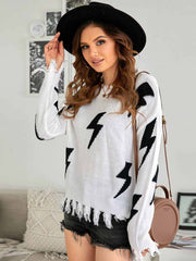 Women's Fashion Ripped Sweaters Crewneck Long Sleeve Loose Fit Printed Casual Knit Pullover Tops Sai Feel