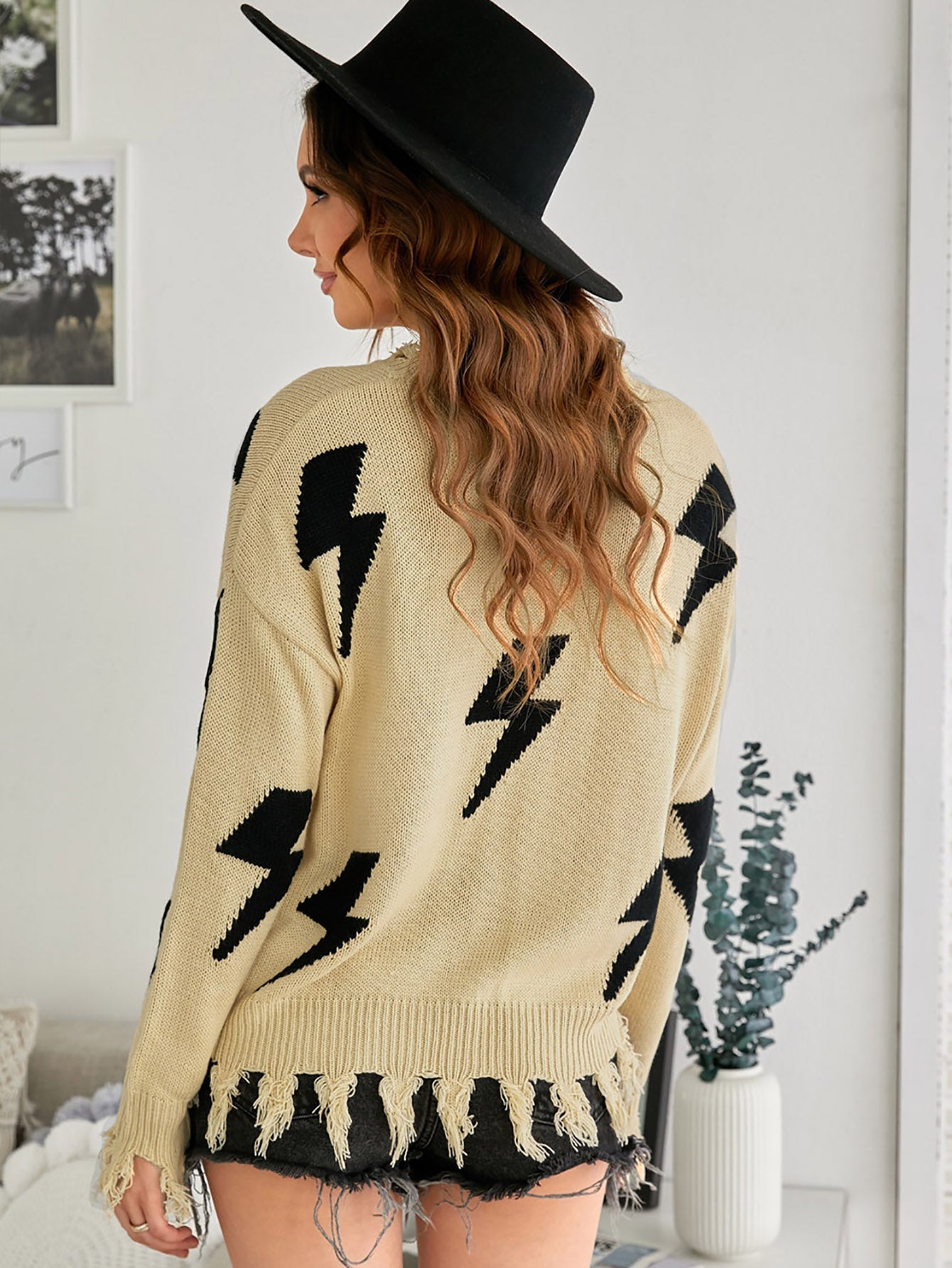 Women's Fashion Ripped Sweaters Crewneck Long Sleeve Loose Fit Printed Casual Knit Pullover Tops Sai Feel