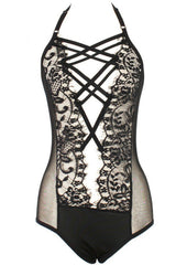 Women's Fashion Sexy Solid Color Strappy Bodysuit Sweet Darkness Lace Goth Lingerie