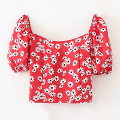 Women's French vintage Daisy puffed sleeve lace slim girlie chiffon short top