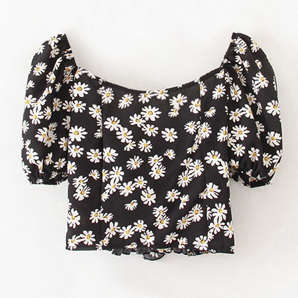 Women's French vintage Daisy puffed sleeve lace slim girlie chiffon short top Sai Feel