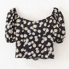 Women's French vintage Daisy puffed sleeve lace slim girlie chiffon short top Sai Feel