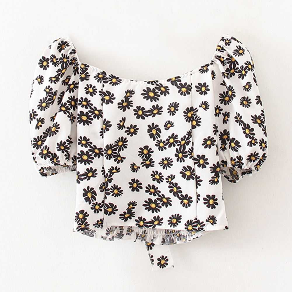 Women's French vintage Daisy puffed sleeve lace slim girlie chiffon short top