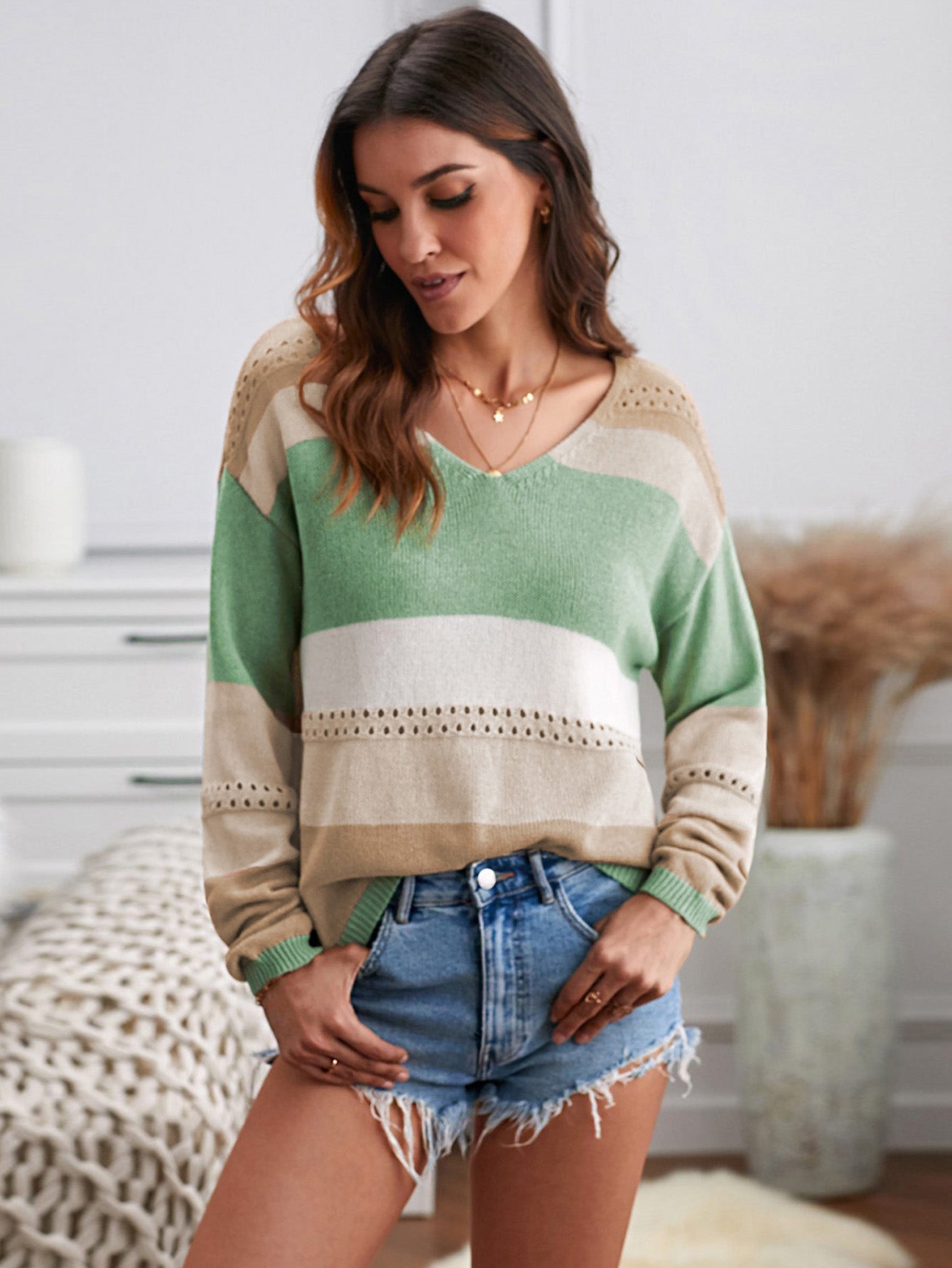 Women's Knit Jumper Striped V Neck Short Sleeve Tops Casual Loose Blouse Shirts Sai Feel