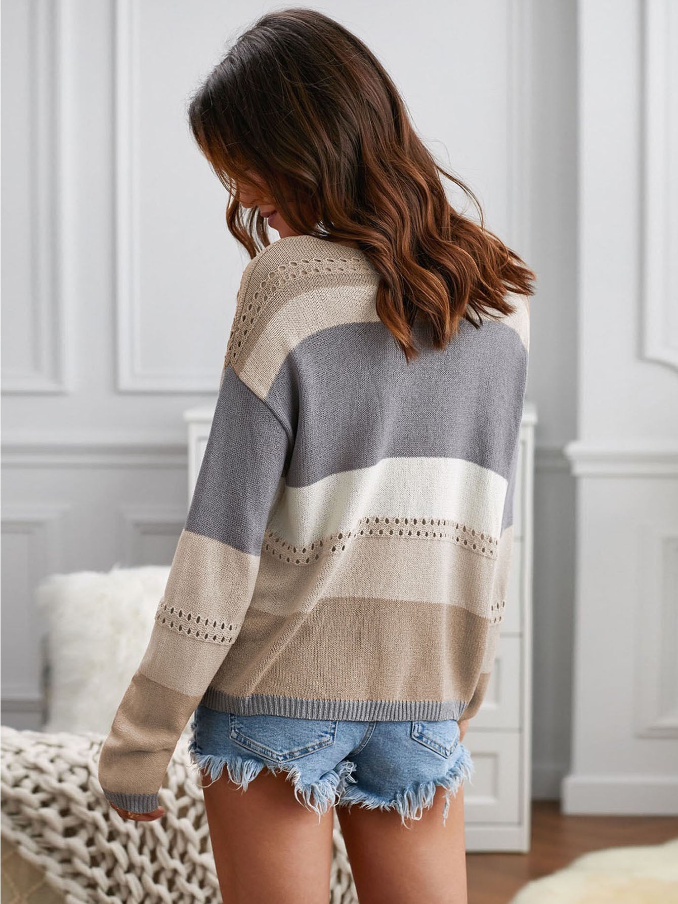 Women's Knit Jumper Striped V Neck Short Sleeve Tops Casual Loose Blouse Shirts Sai Feel