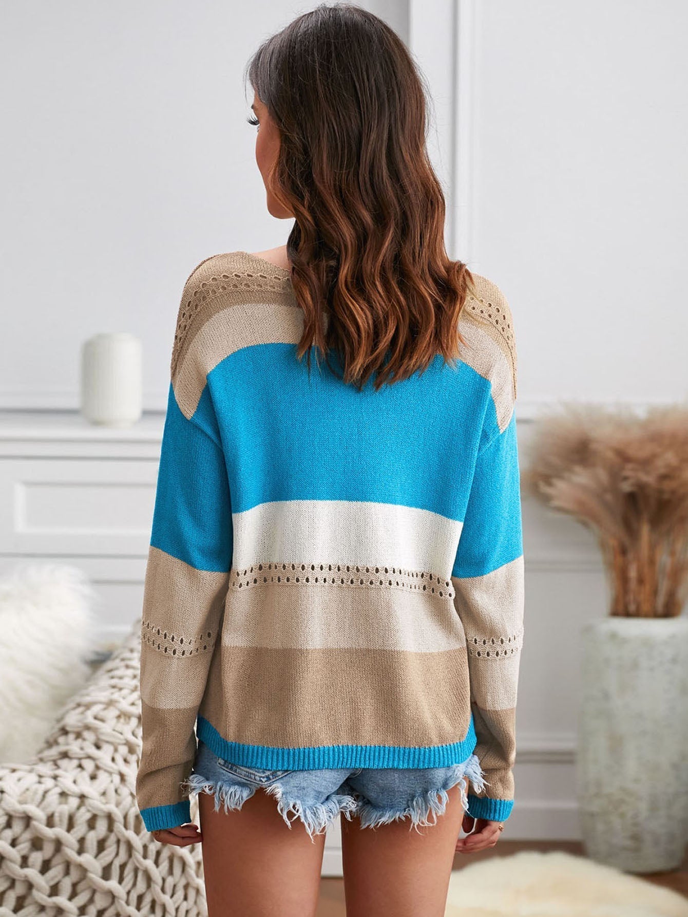 Women's Knit Jumper Striped V Neck Short Sleeve Tops Casual Loose Blouse Shirts Sai Feel