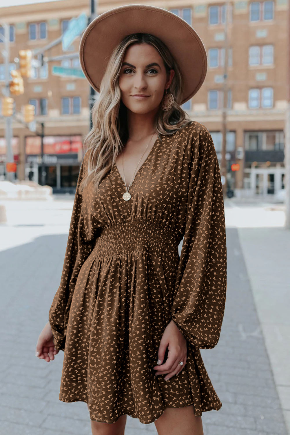 Women's Long Sleeve Casual Mini Dress Print Ruffled Tie Waist Dress V Neck Flowy Dress Sai Feel