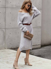 Women's Winter Solid Color Casual Loose Long Sleeve Solid Color Backless Side Split Midi Dress Ribbed Knit Sweaters Sai Feel