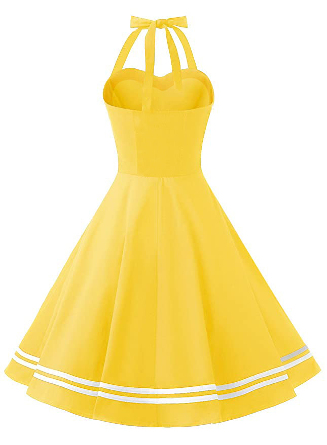 Womens 1950s Retro Rockabilly Princess Cosplay Dress solid color yellow Halter Audrey Hepburn 50's 60's Party Costume Gown(S-2XL) Sai Feel