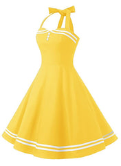 Womens 1950s Retro Rockabilly Princess Cosplay Dress solid color yellow Halter Audrey Hepburn 50's 60's Party Costume Gown(S-2XL) Sai Feel