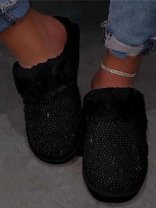 Rhinestones Warm Furry Slippers