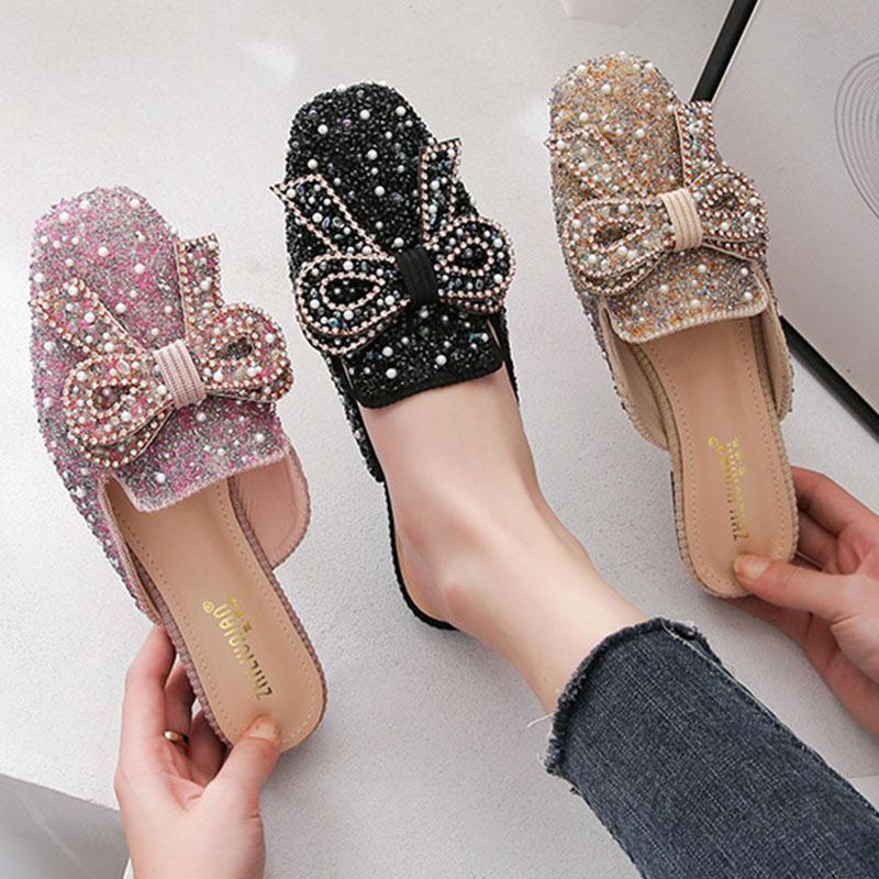 Square toe beaded bowknot flat slippers