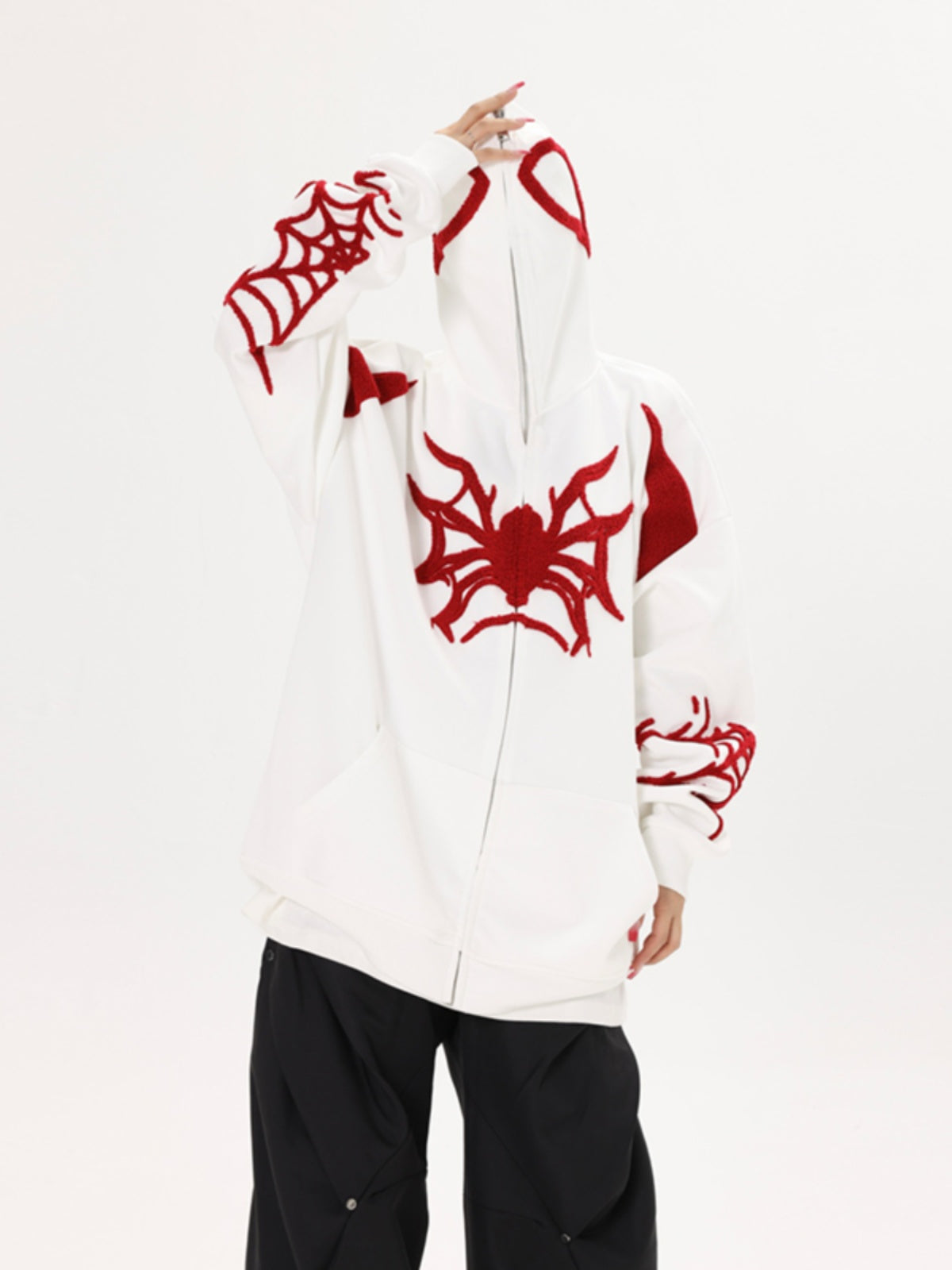 Kapuzenpullover mit Reißverschluss und Punk-Spinnen-Stickerei