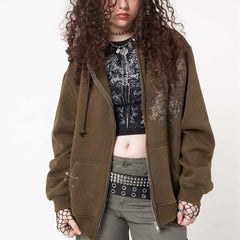 Kapuzenjacke mit Reißverschluss im Vintage-Totenkopf-Print