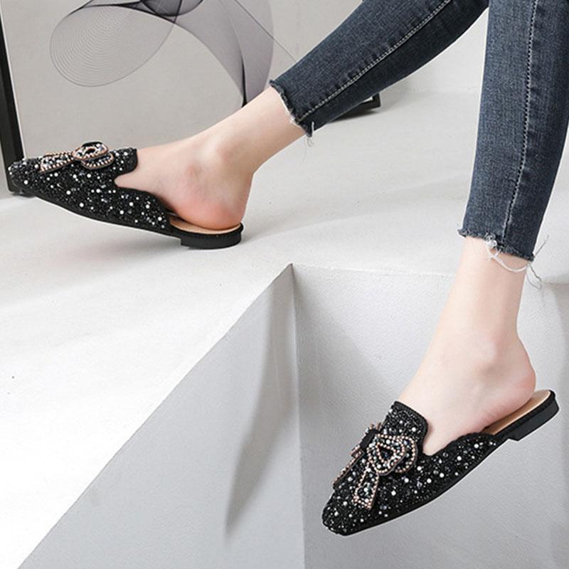 Square toe beaded bowknot flat slippers