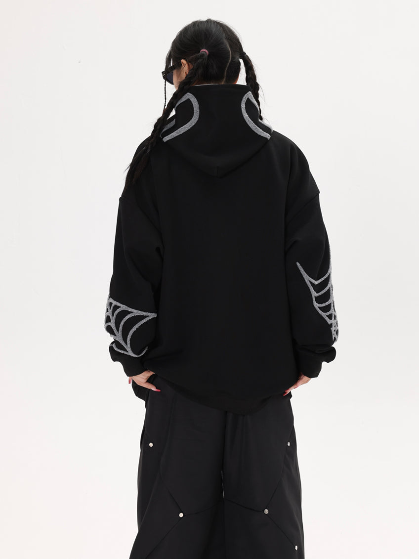 Kapuzenpullover mit Reißverschluss und Punk-Spinnen-Stickerei