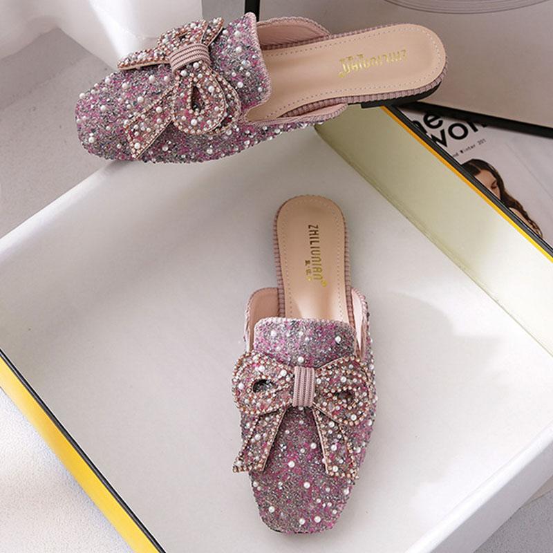Square toe beaded bowknot flat slippers