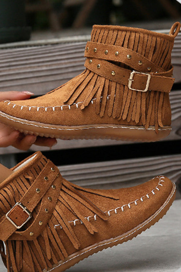 Casual Warm Solid Color Side Zipper Low-Cut Tassel Flat Ankle Boots NewGew