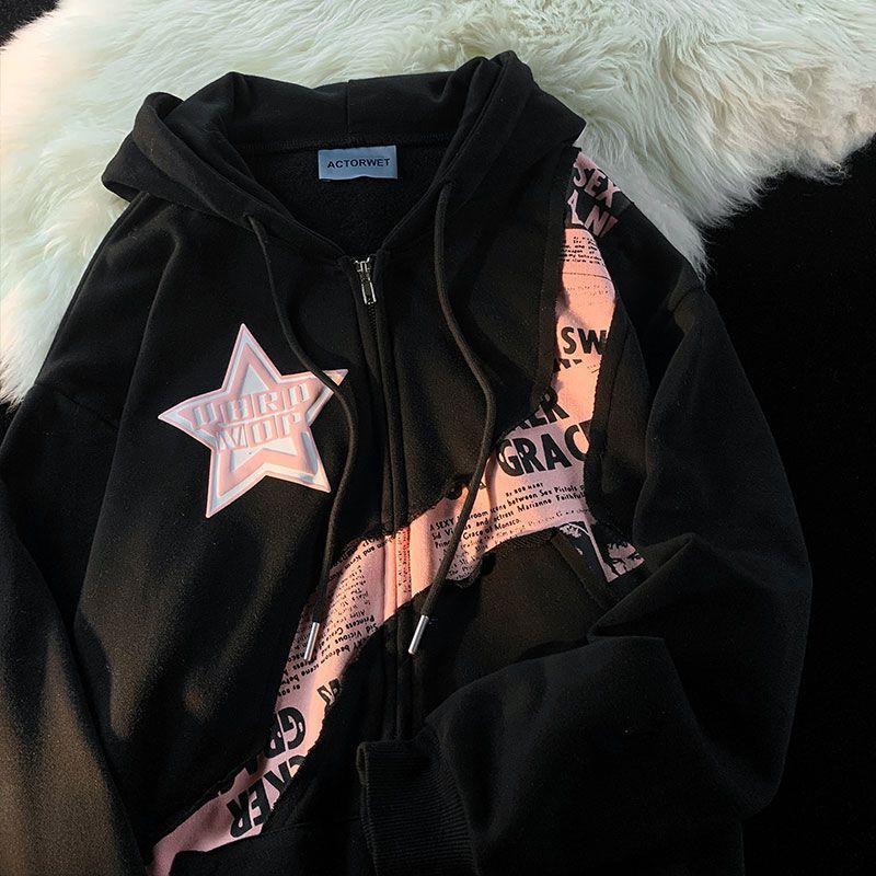 Übergroßer Hoodie mit Patchwork und Stern-Buchstaben-Print