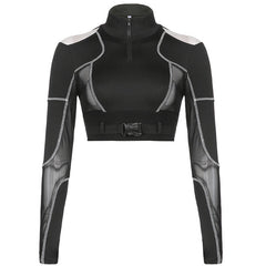 Biker-Crop-Top mit hohem Halsausschnitt, Reißverschluss vorne, langen Ärmeln, Cutout und Mesh-Schnallen - Schwarz