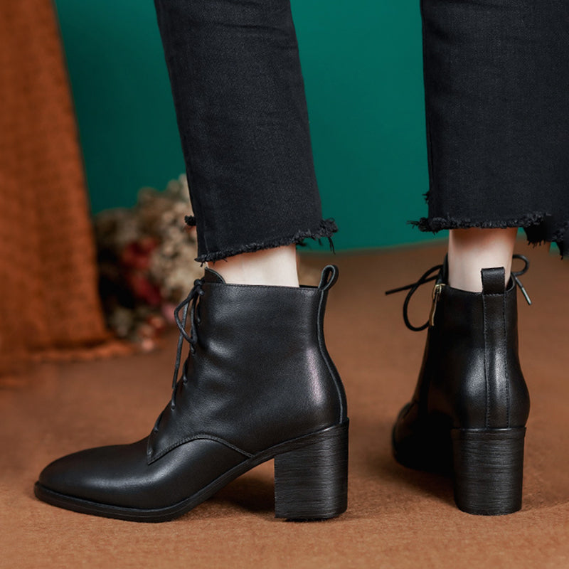 High Heel Boots Side Zip Cowhide Ankle Boots Soft Walking Short Boots Brown/Black