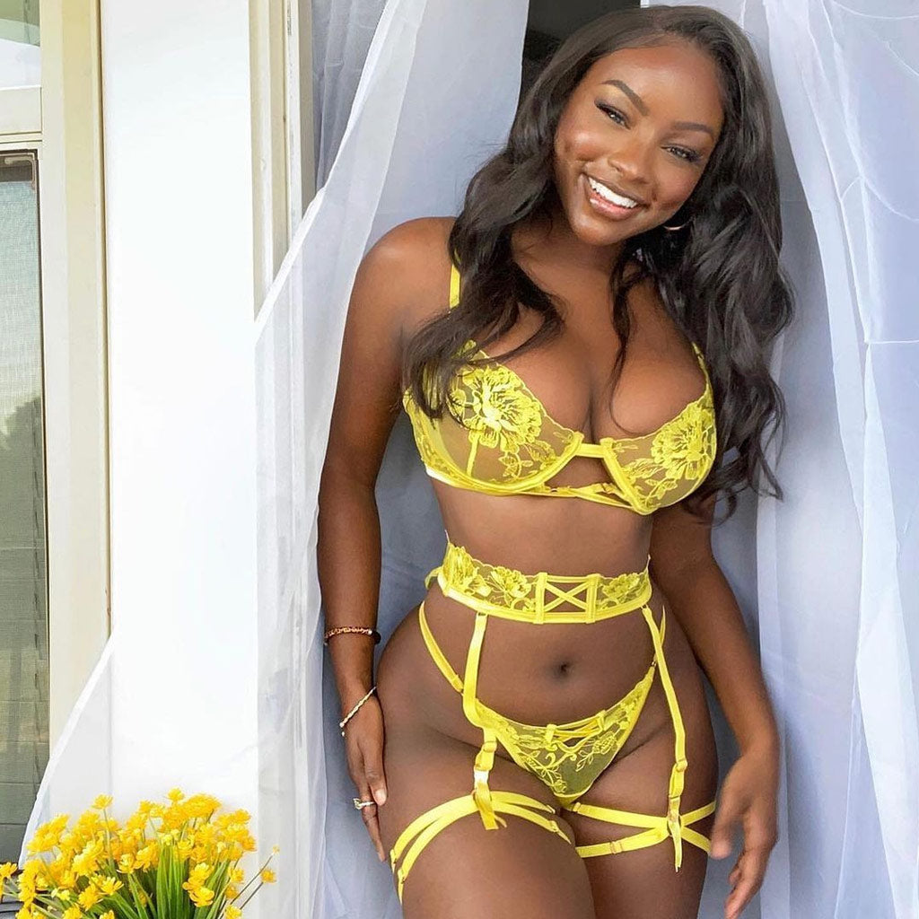 Bright Colored Garter Thong Floral Lace Underwire Bra Set - Yellow