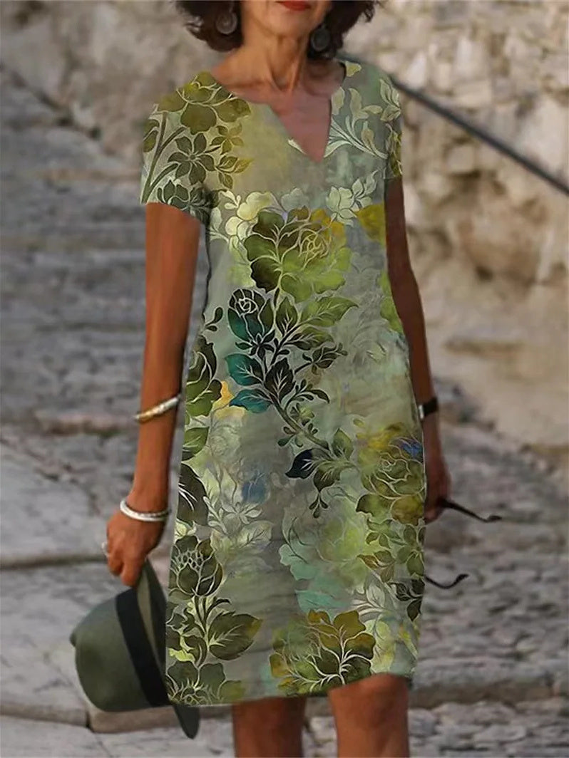 Short Sleeve V-Neck Midi Dress