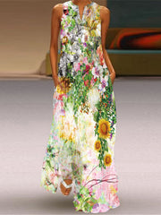 Printed V-Neck Sleeveless Long Skirt With Pocket European Dress